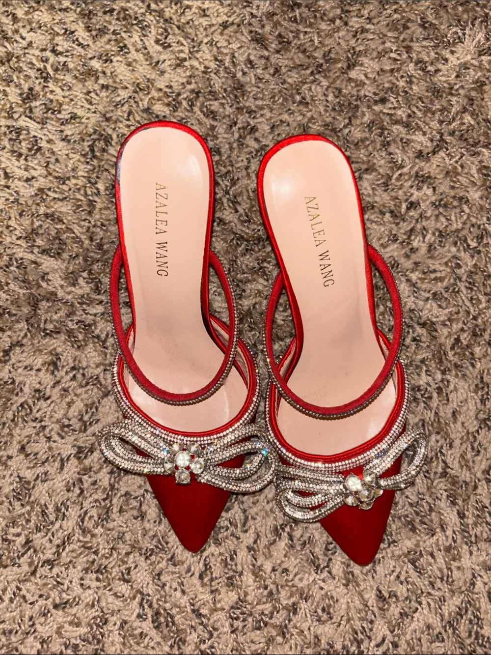 Azalea Wang Red Satin Pointed-Toe Crystal Bow Heels